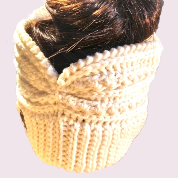 Ear warmer Bun Beanie Headband Winter Hat Off-White - Picture 4 of 8